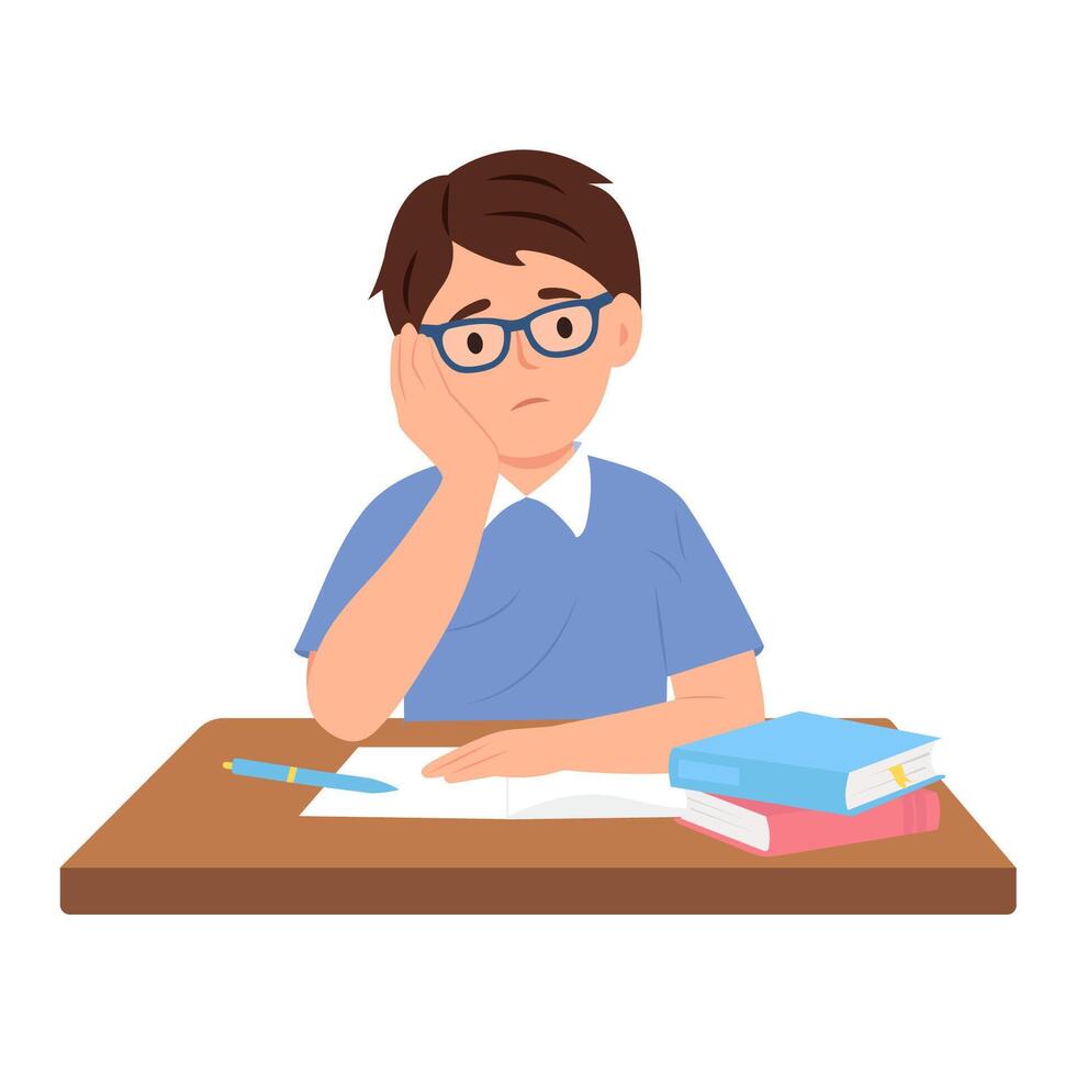 Sad boy doing homework. Schoolboy feeling boredom. vector