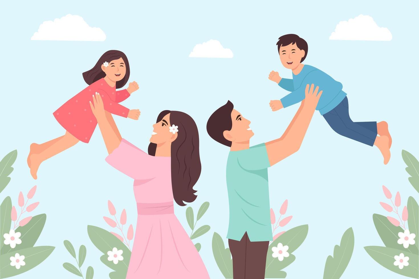 Happy Young Mother having fun with her son. Mum lifting kid up.Mother's Day vector