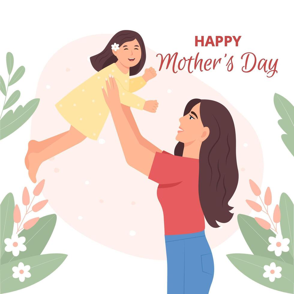 Happy Mother's Day Greeting Card. Mum and daughter. . illustration vector