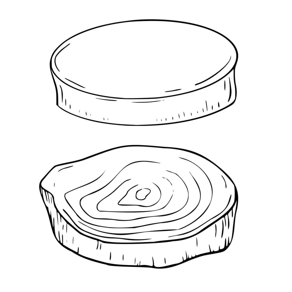 Wooden and round empty stands black white illustration on white. Wooden base, block for utensil holder hand drawn monochrome linear sketch for design packaging organic product, decoration. vector