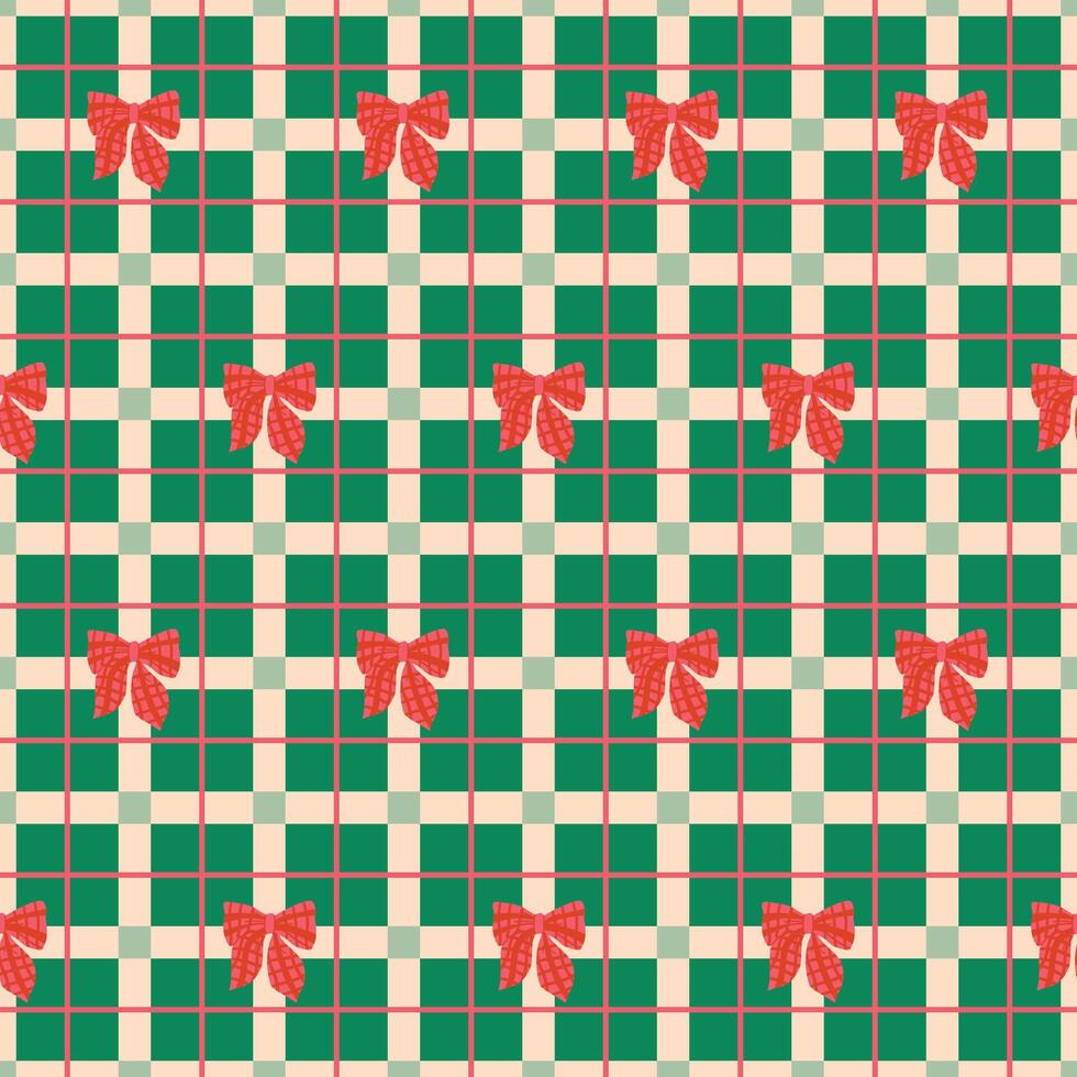 Christmas plaid seamless pattern in green, red colors with coquette bow. Cozy winter checkered repeat background. Winter time traditional flannel design, Scottish ornament, check, gingham print vector