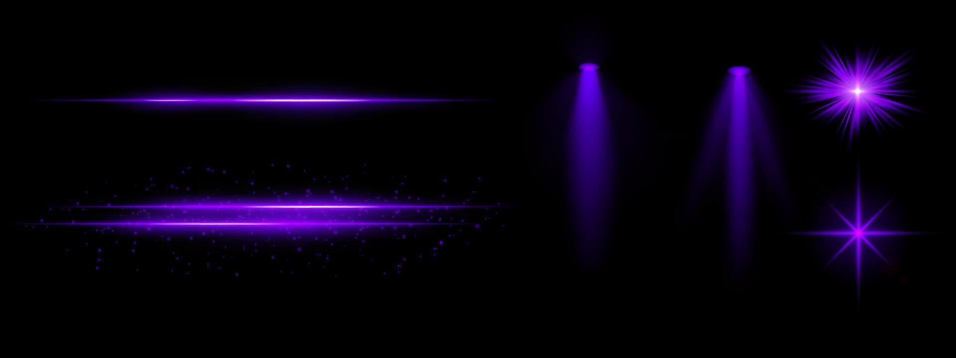 Purple light effects set. Glowing streaks, sparkles, spotlight beams, vibrant starbursts, bright blue illumination, decorative particles, futuristic design, abstract lighting. vector