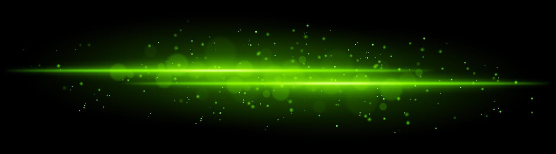 Green glowing line beam. Horizontal light beam with sparkling particles, radiant golden glow, abstract illumination, decorative lighting effect, warm and vibrant design vector