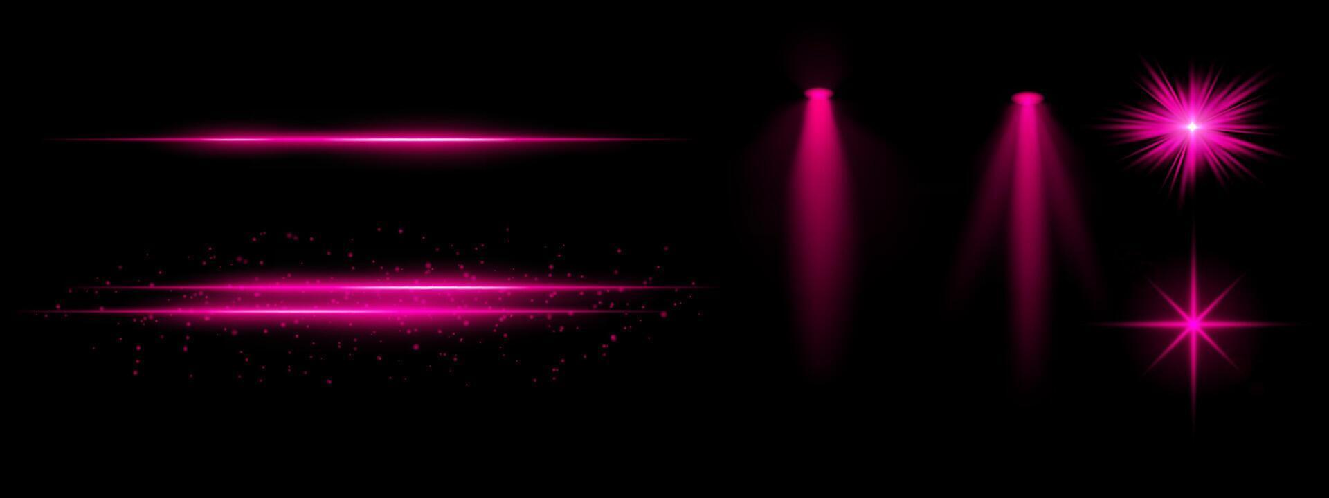 Purple light effects set. Glowing streaks, sparkles, spotlight beams, vibrant starbursts, bright blue illumination, decorative particles, futuristic design, abstract lighting. vector