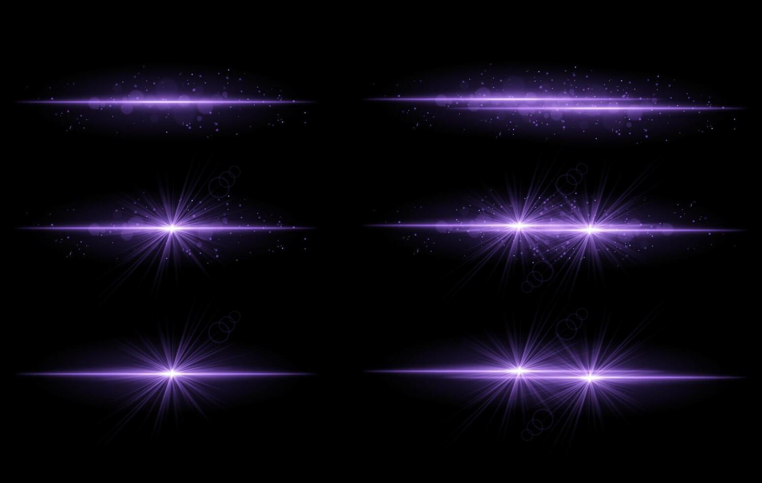 Purple glow effects set. Radiant light streaks, sparkling particles, bright starbursts, warm illumination, abstract lighting design, decorative energy beams, vibrant modern visuals vector