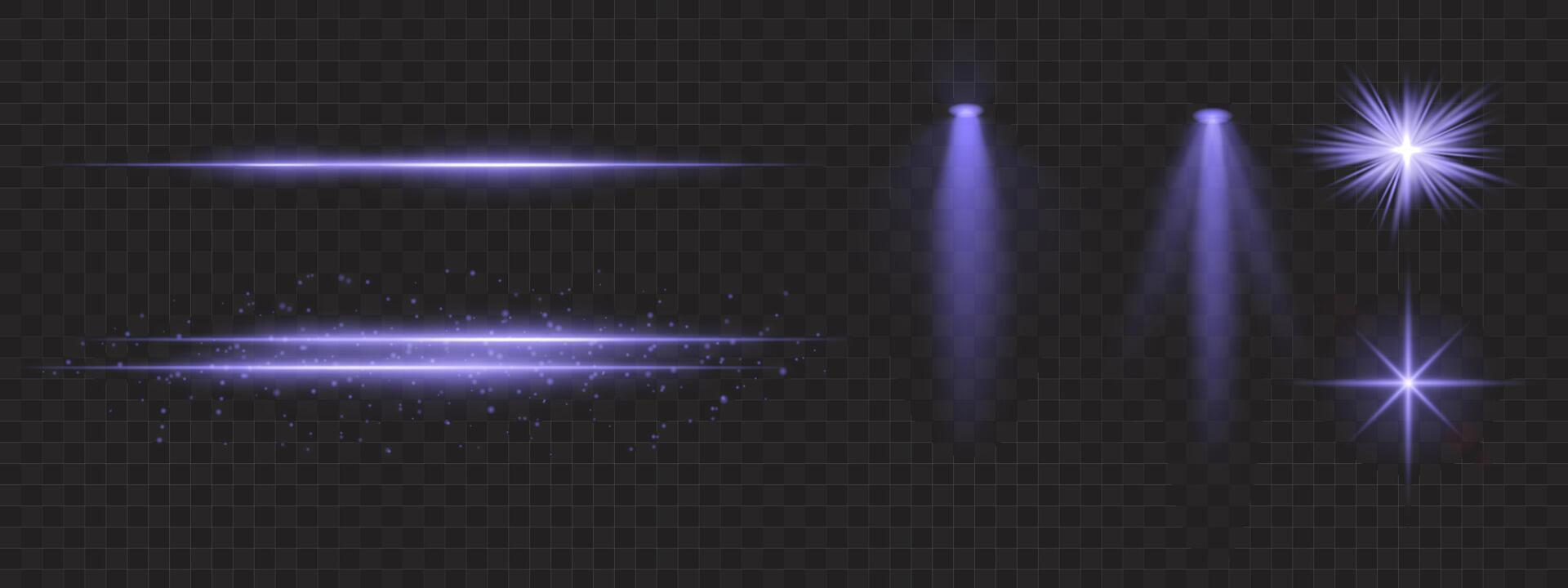 Purple light effects set. Glowing streaks, sparkles, spotlight beams, bright starbursts, warm illumination, decorative particles, radiant design, abstract modern lighting. vector