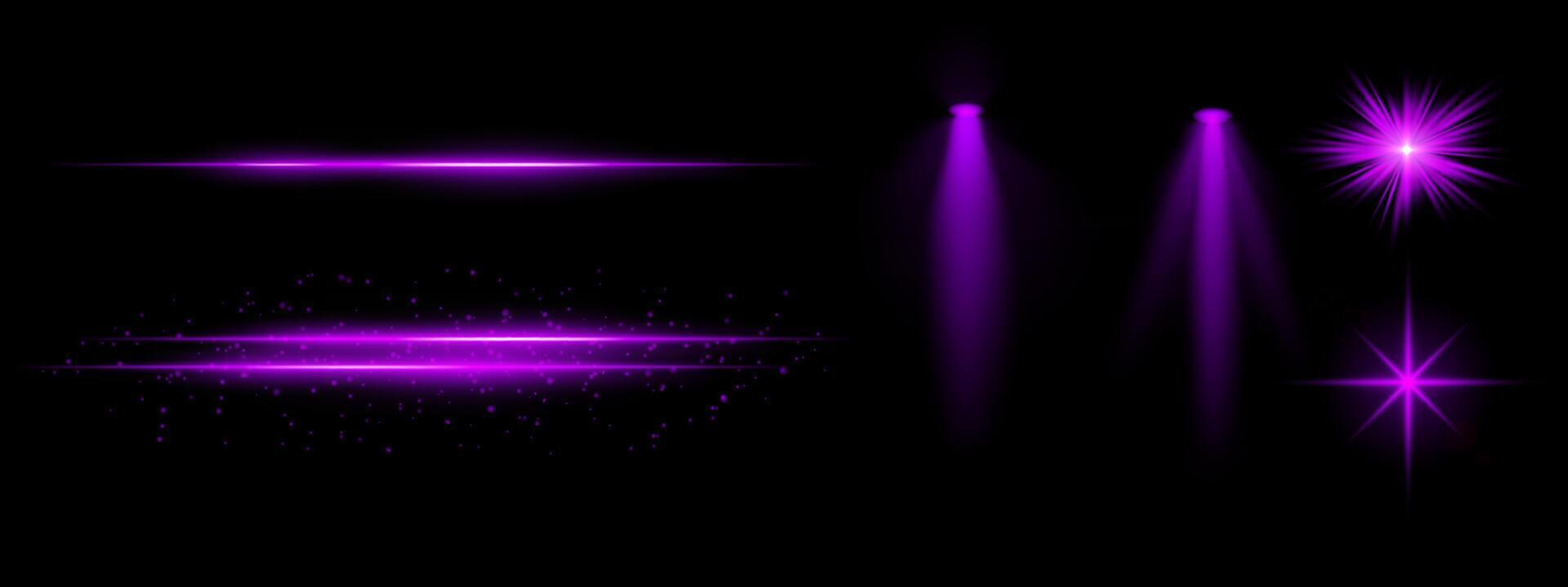 Purple light effects set. Glowing streaks, sparkles, spotlight beams, vibrant starbursts, bright blue illumination, decorative particles, futuristic design, abstract lighting. vector