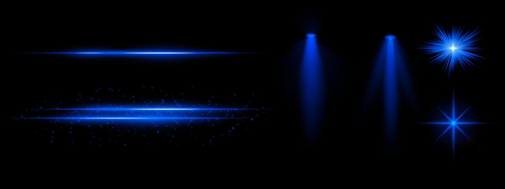 Blue light effects set. Glowing streaks, sparkles, spotlight beams, vibrant starbursts, bright blue illumination, decorative particles, futuristic design, abstract lighting. vector