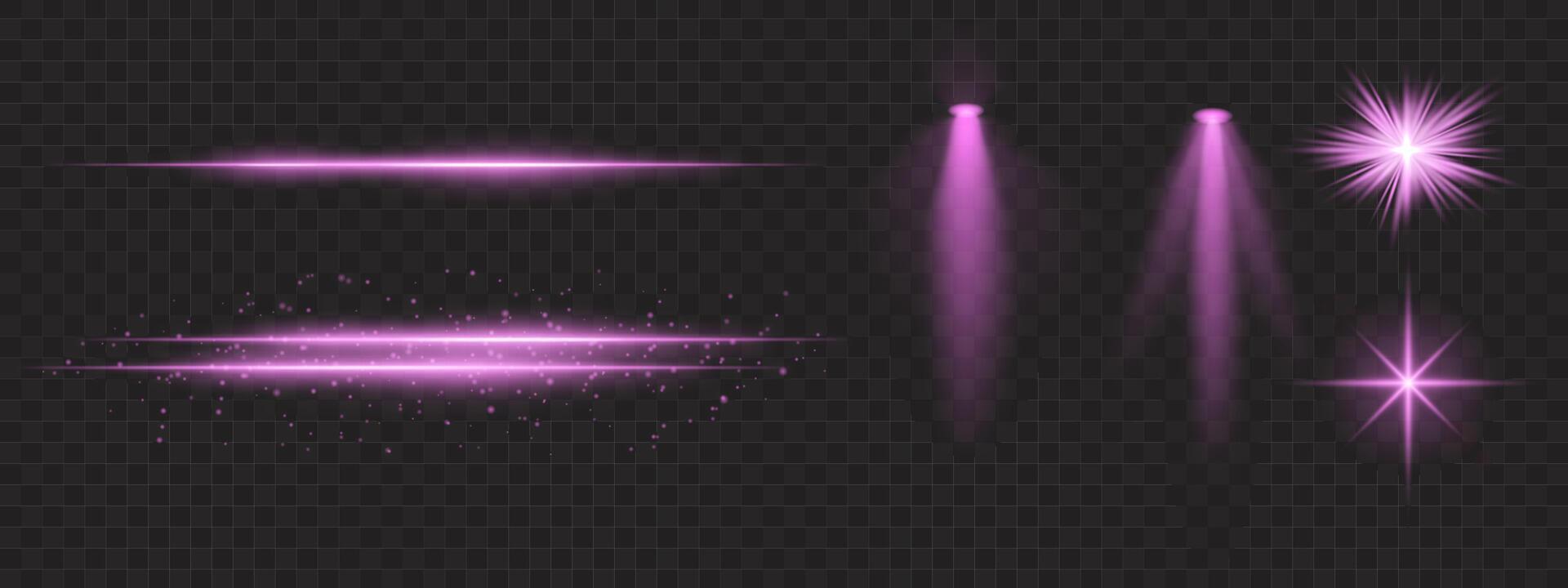 Purple light effects set. Glowing streaks, sparkles, spotlight beams, bright starbursts, warm illumination, decorative particles, radiant design, abstract modern lighting. vector