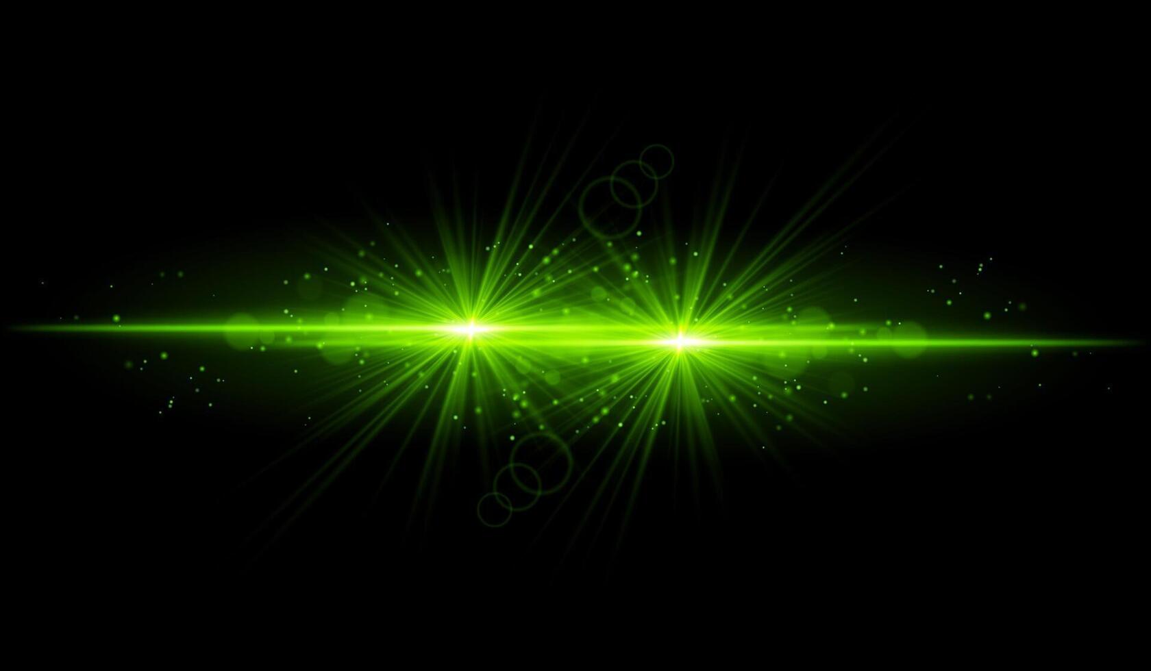 Dual green starburst. Bright intersecting beams, glowing particles, radiant light effects, warm illumination, abstract lighting design, futuristic energy, decorative visuals vector