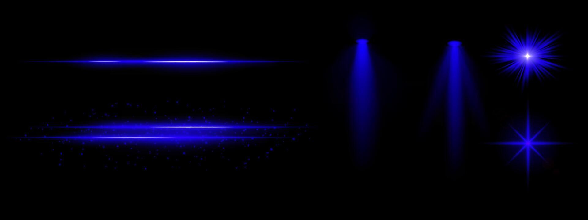Blue light effects set. Glowing streaks, sparkles, spotlight beams, vibrant starbursts, bright blue illumination, decorative particles, futuristic design, abstract lighting. vector