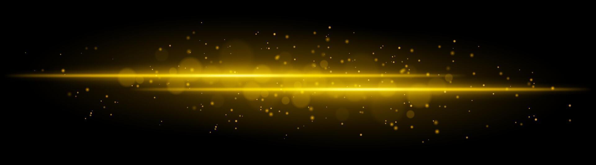 Golden glowing line beam. Horizontal light beam with sparkling particles, radiant golden glow, abstract illumination, decorative lighting effect, warm and vibrant design vector