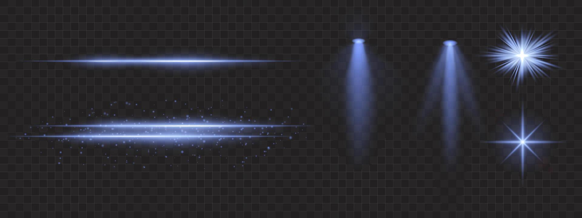 Blue light effects set. Glowing streaks, sparkles, spotlight beams, bright starbursts, warm illumination, decorative particles, radiant design, abstract modern lighting. vector