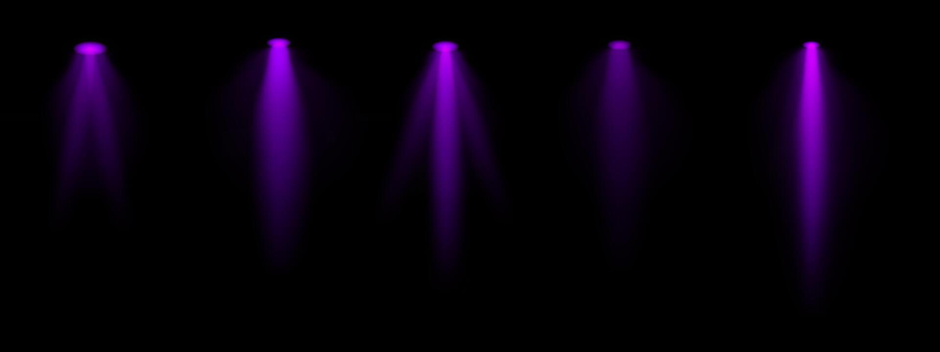 Purple spotlight set. Multiple focused beams, ceiling-mounted lighting, bright white glow, stage illumination, modern lighting design, minimalistic decor, professional setup vector