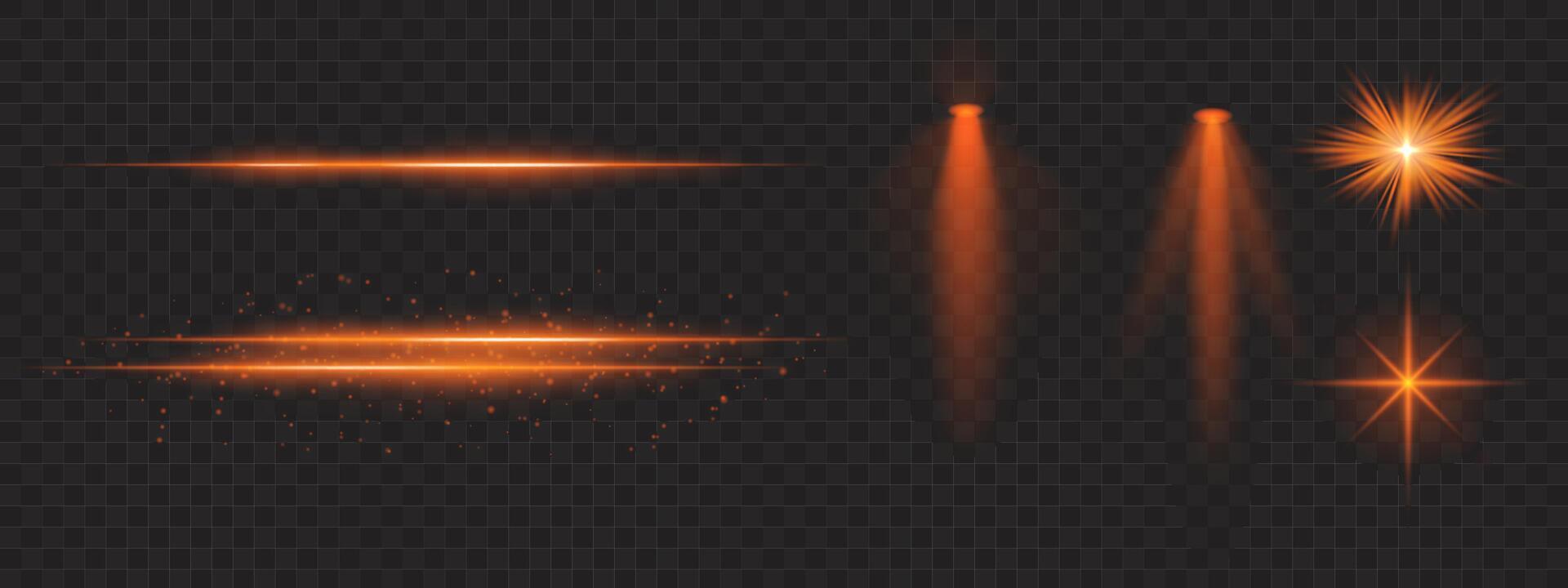 Golden light effects set. Glowing streaks, sparkles, spotlight beams, bright starbursts, warm illumination, decorative particles, radiant design, abstract modern lighting. vector