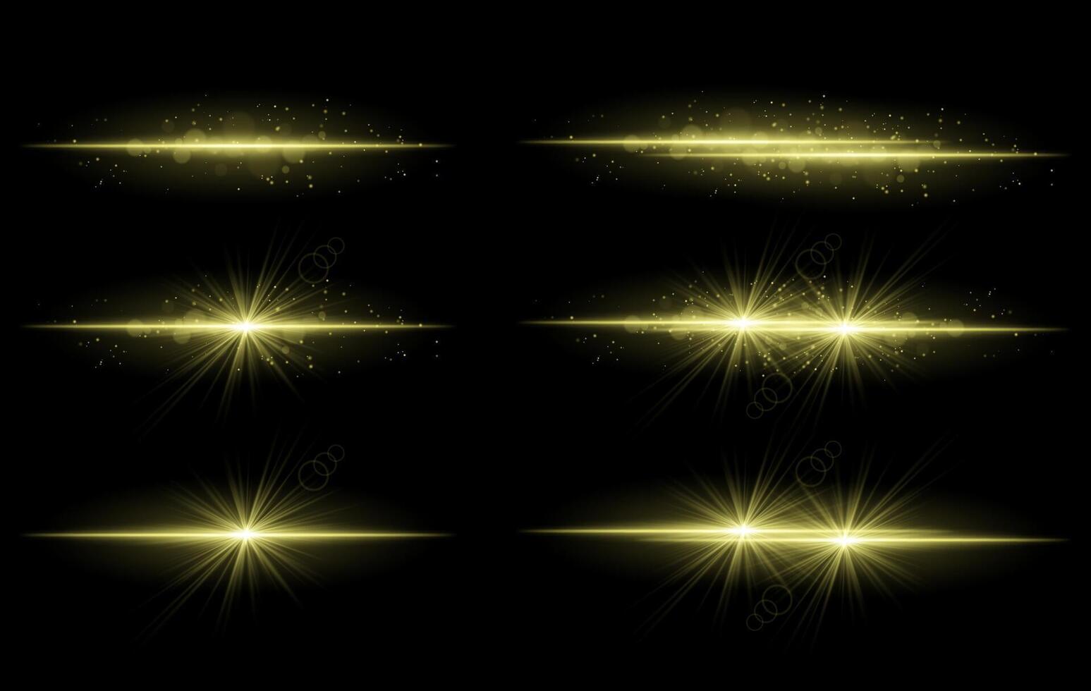 Golden glow effects set. Radiant light streaks, sparkling particles, bright starbursts, warm illumination, abstract lighting design, decorative energy beams, vibrant modern visuals vector