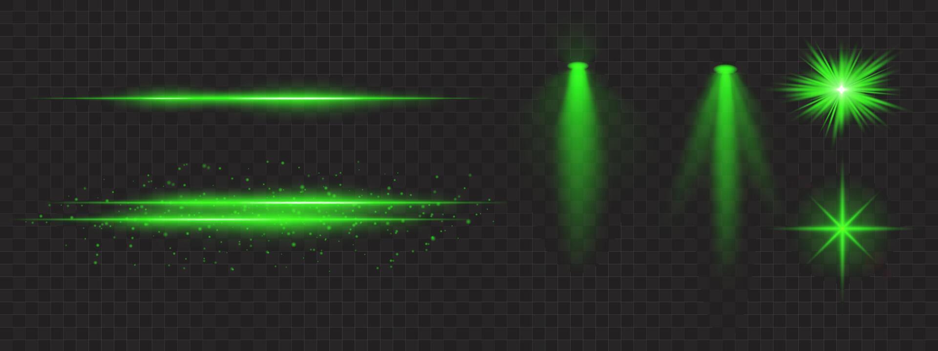Green light effects set. Glowing streaks, sparkles, spotlight beams, bright starbursts, warm illumination, decorative particles, radiant design, abstract modern lighting. vector