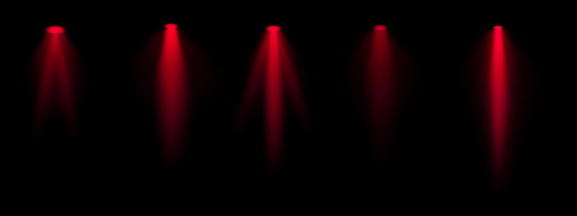Red spotlight set. Multiple focused beams, ceiling-mounted lighting, bright white glow, stage illumination, modern lighting design, minimalistic decor, professional setup vector