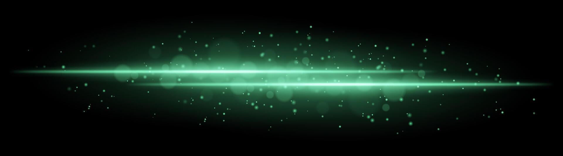 Green glowing line beam. Horizontal light beam with sparkling particles, radiant golden glow, abstract illumination, decorative lighting effect, warm and vibrant design vector