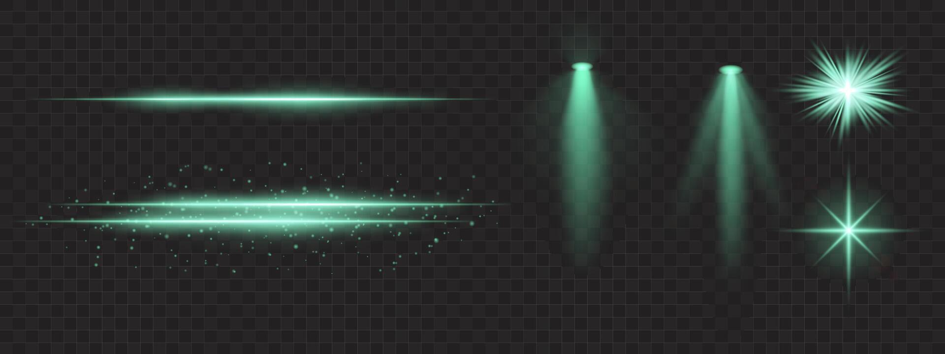 Green light effects set. Glowing streaks, sparkles, spotlight beams, bright starbursts, warm illumination, decorative particles, radiant design, abstract modern lighting. vector