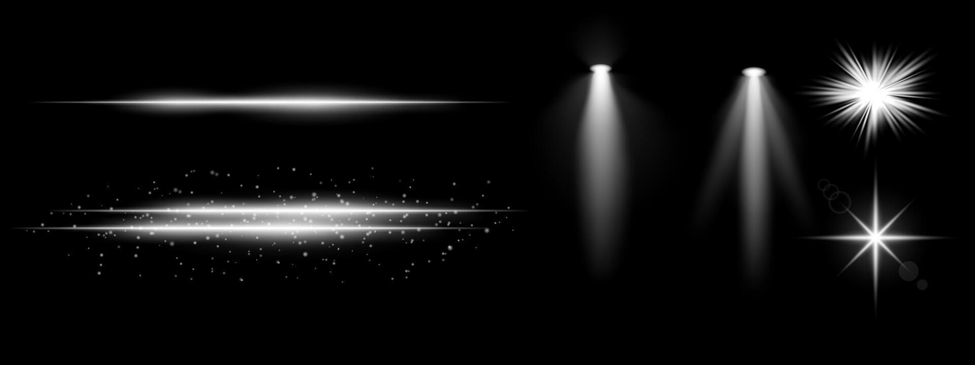 White light effects set. Glowing streaks, sparkles, spotlight beams, vibrant starbursts, bright blue illumination, decorative particles, futuristic design, abstract lighting. vector