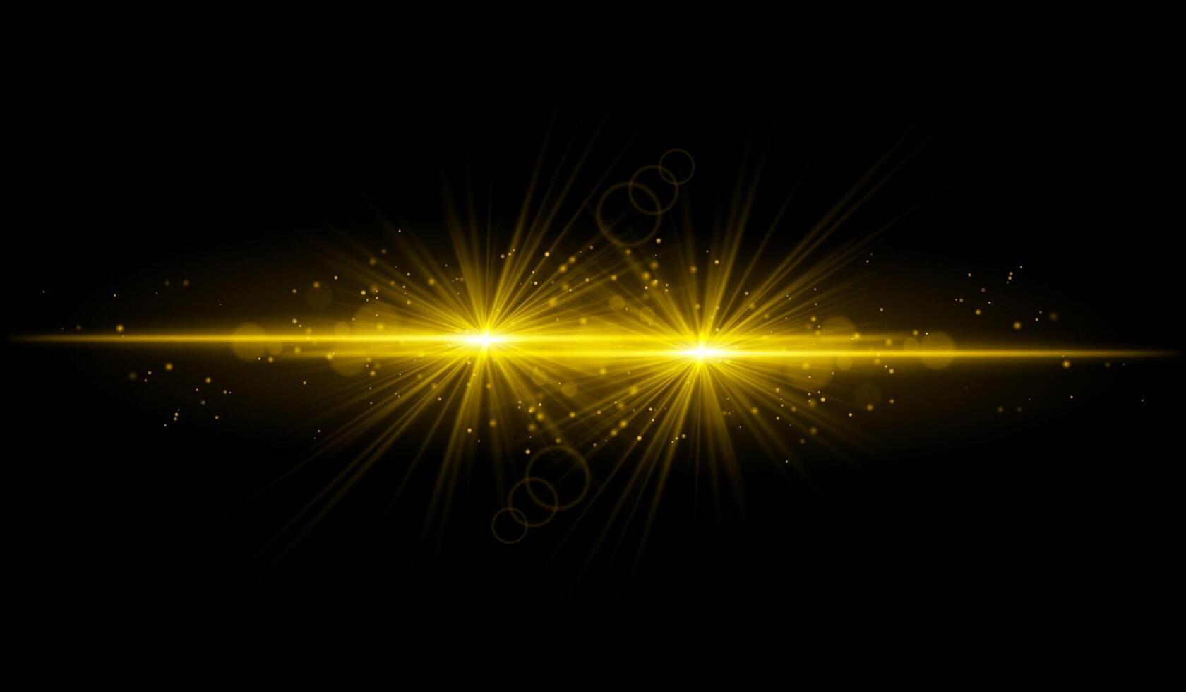 Dual golden starburst. Bright intersecting beams, glowing particles, radiant light effects, warm illumination, abstract lighting design, futuristic energy, decorative visuals vector