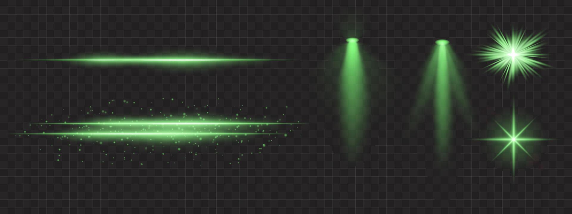 Green light effects set. Glowing streaks, sparkles, spotlight beams, bright starbursts, warm illumination, decorative particles, radiant design, abstract modern lighting. vector