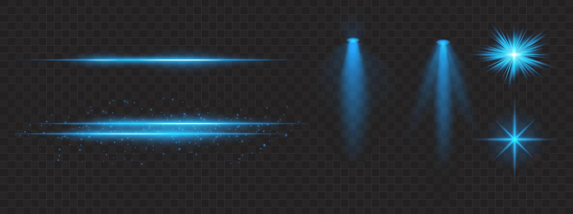 Blue light effects set. Glowing streaks, sparkles, spotlight beams, bright starbursts, warm illumination, decorative particles, radiant design, abstract modern lighting. vector