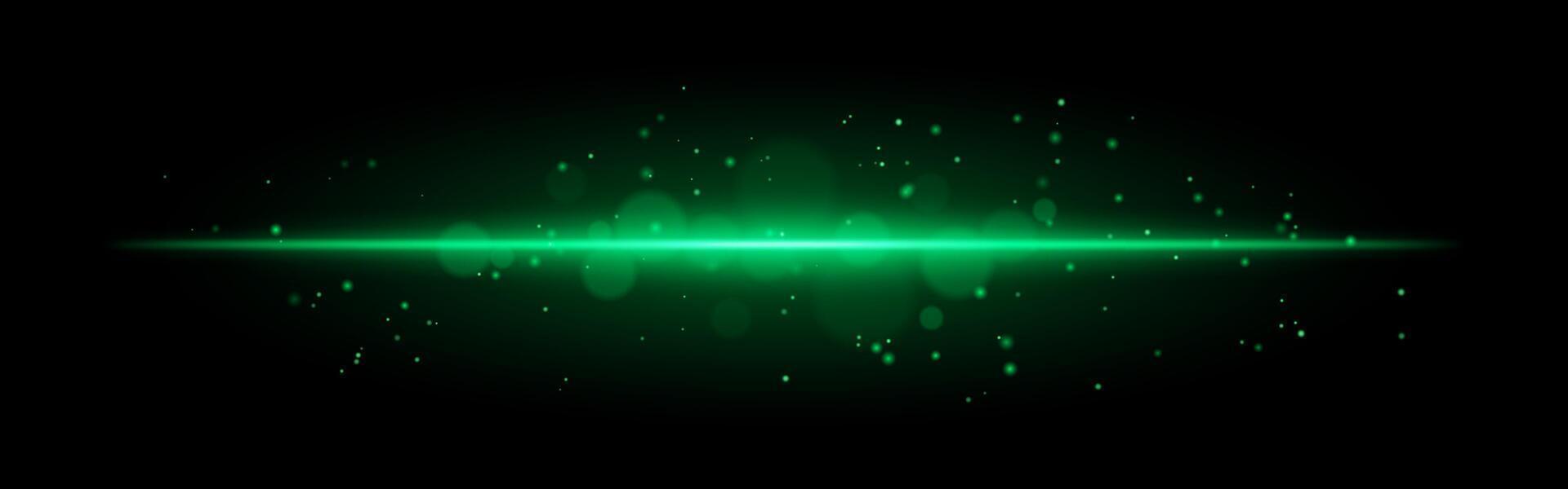 Green glowing line icon. Vibrant horizontal beam, illuminated particles, abstract light effect, futuristic energy, minimalistic decor, dynamic modern design, radiant visual vector