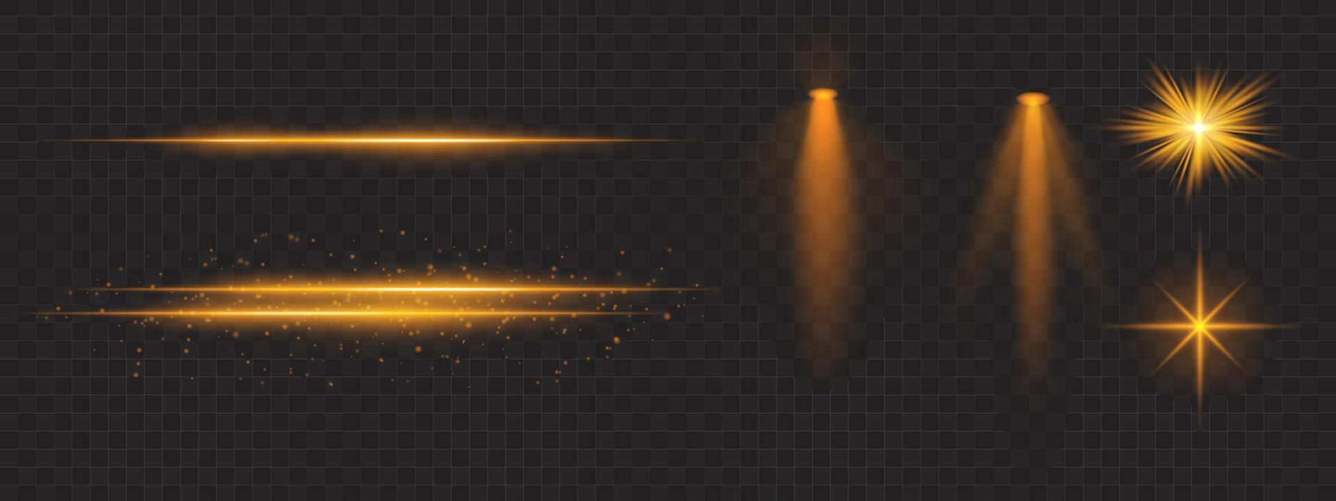 Golden light effects set. Glowing streaks, sparkles, spotlight beams, bright starbursts, warm illumination, decorative particles, radiant design, abstract modern lighting. vector