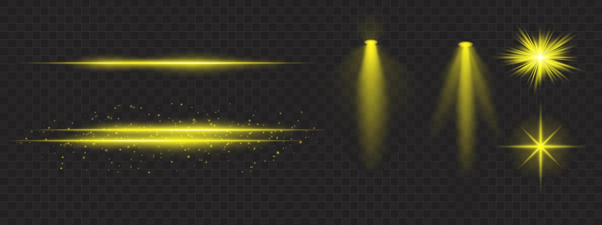 Golden light effects set. Glowing streaks, sparkles, spotlight beams, bright starbursts, warm illumination, decorative particles, radiant design, abstract modern lighting. vector