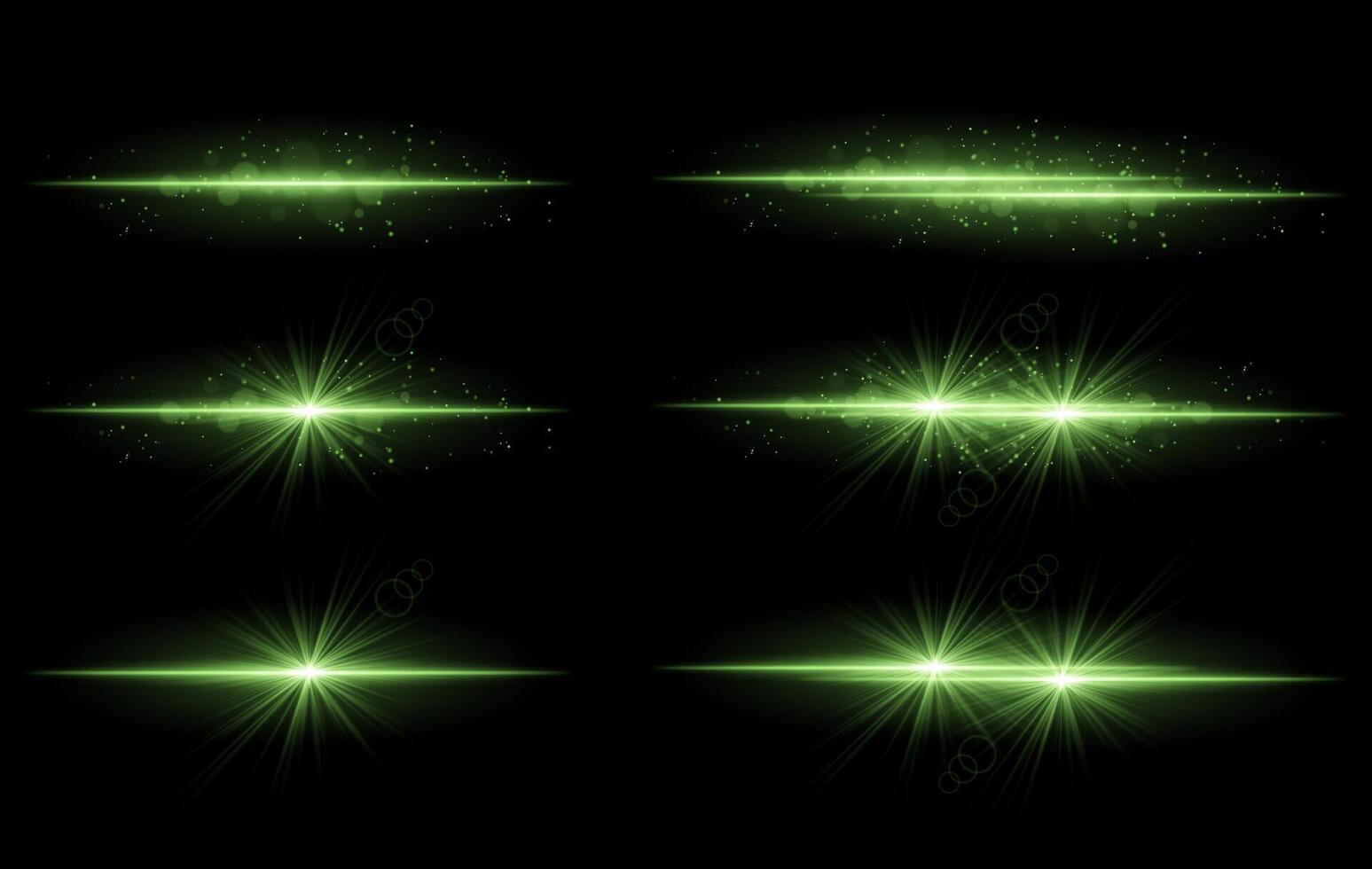 Green glow effects set. Radiant light streaks, sparkling particles, bright starbursts, warm illumination, abstract lighting design, decorative energy beams, vibrant modern visuals vector