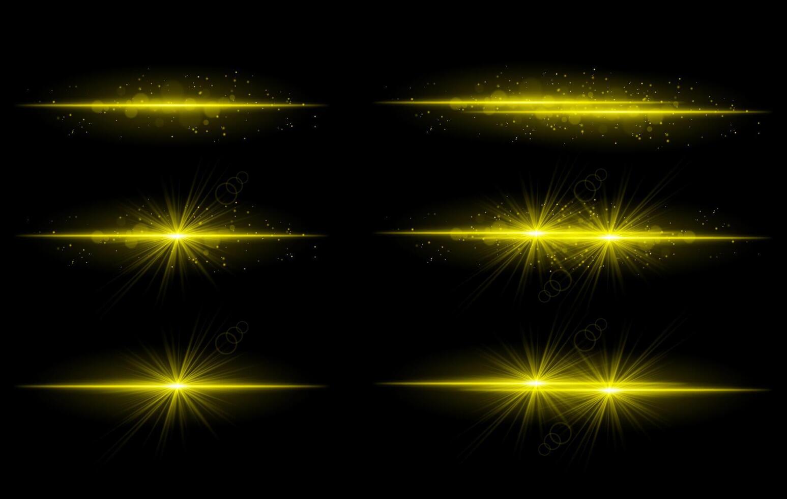 Golden glow effects set. Radiant light streaks, sparkling particles, bright starbursts, warm illumination, abstract lighting design, decorative energy beams, vibrant modern visuals vector