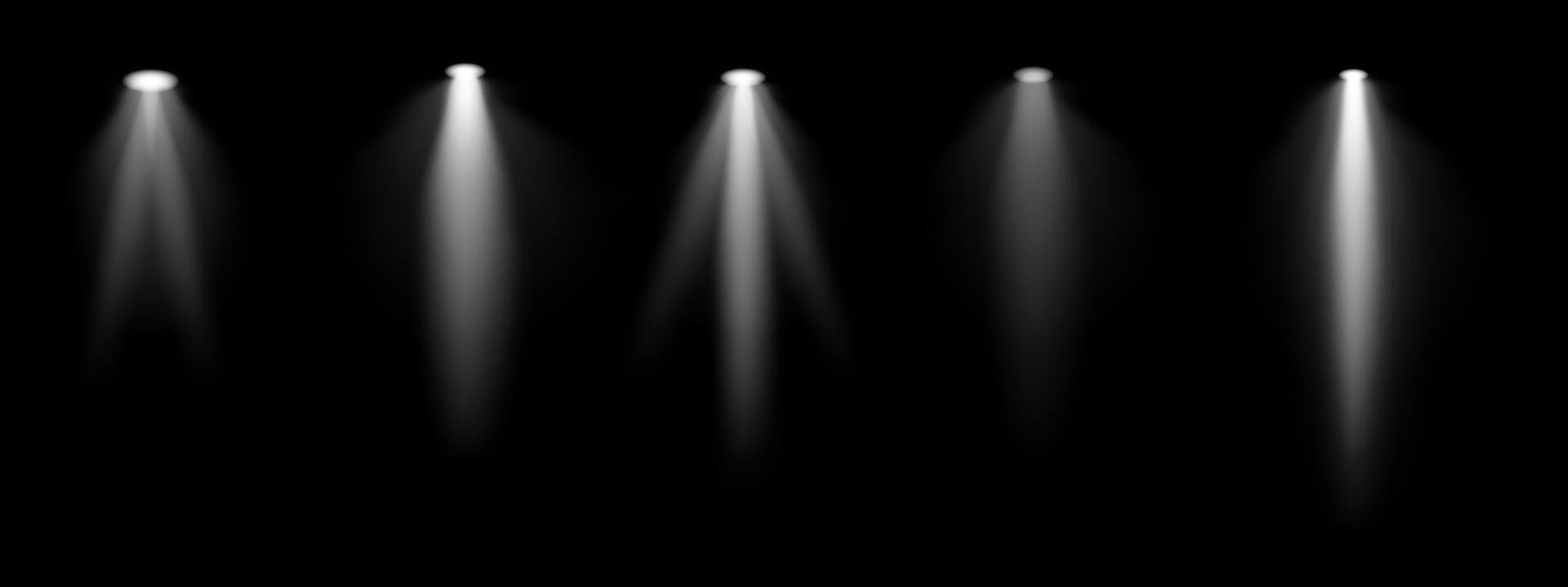 White spotlight set. Multiple focused beams, ceiling-mounted lighting, bright white glow, stage illumination, modern lighting design, minimalistic decor, professional setup vector