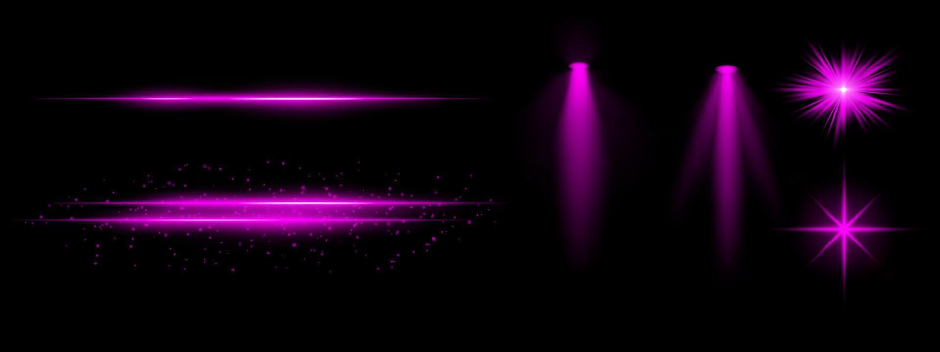 Purple light effects set. Glowing streaks, sparkles, spotlight beams, vibrant starbursts, bright blue illumination, decorative particles, futuristic design, abstract lighting. vector
