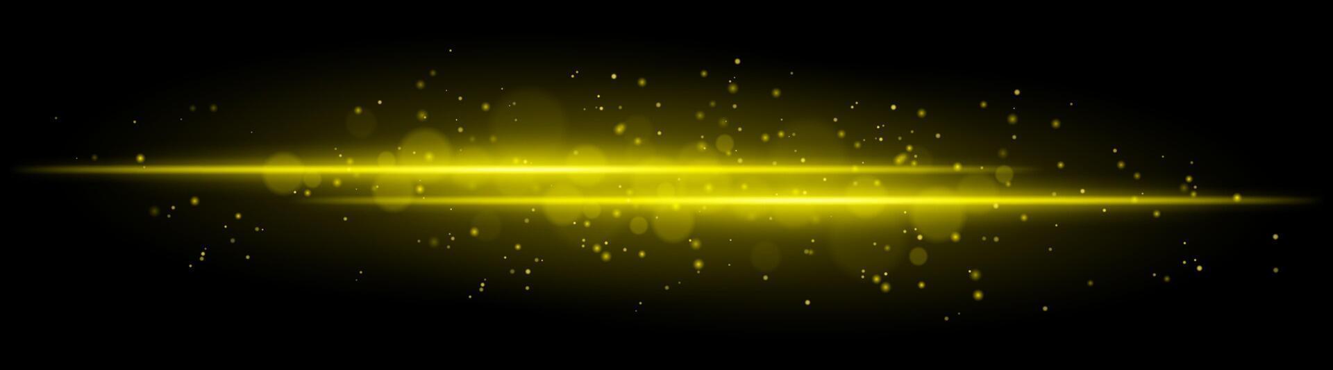 Golden glowing line beam. Horizontal light beam with sparkling particles, radiant golden glow, abstract illumination, decorative lighting effect, warm and vibrant design vector