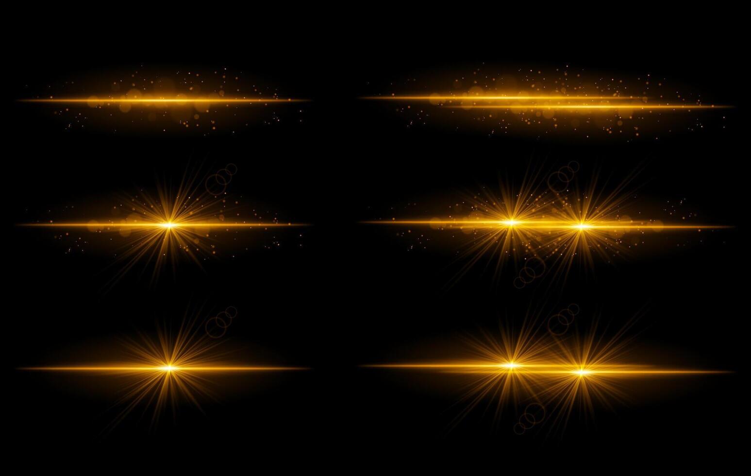 Golden glow effects set. Radiant light streaks, sparkling particles, bright starbursts, warm illumination, abstract lighting design, decorative energy beams, vibrant modern visuals vector