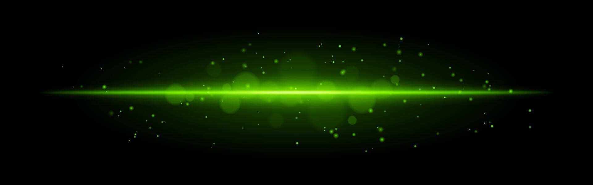 Green glowing line icon. Vibrant horizontal beam, illuminated particles, abstract light effect, futuristic energy, minimalistic decor, dynamic modern design, radiant visual vector