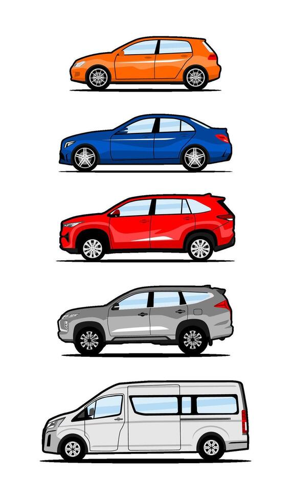 set of car sedan mpv suv van side view vector