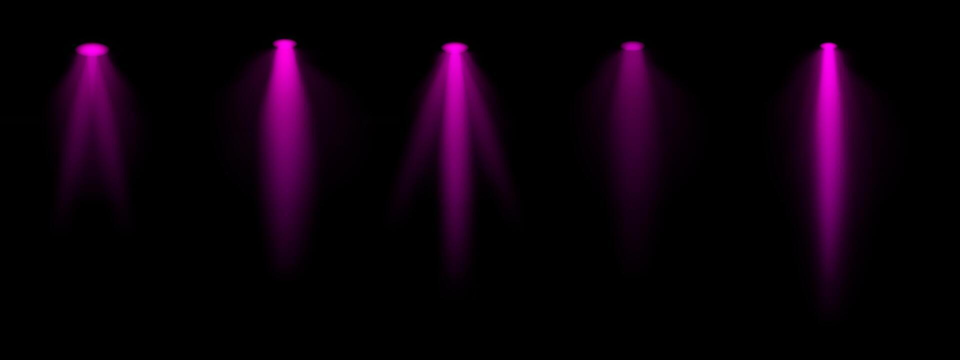 Purple spotlight set. Multiple focused beams, ceiling-mounted lighting, bright white glow, stage illumination, modern lighting design, minimalistic decor, professional setup vector