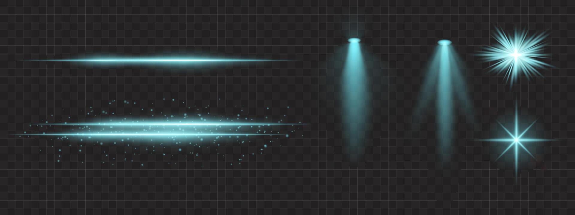 Blue light effects set. Glowing streaks, sparkles, spotlight beams, bright starbursts, warm illumination, decorative particles, radiant design, abstract modern lighting. vector
