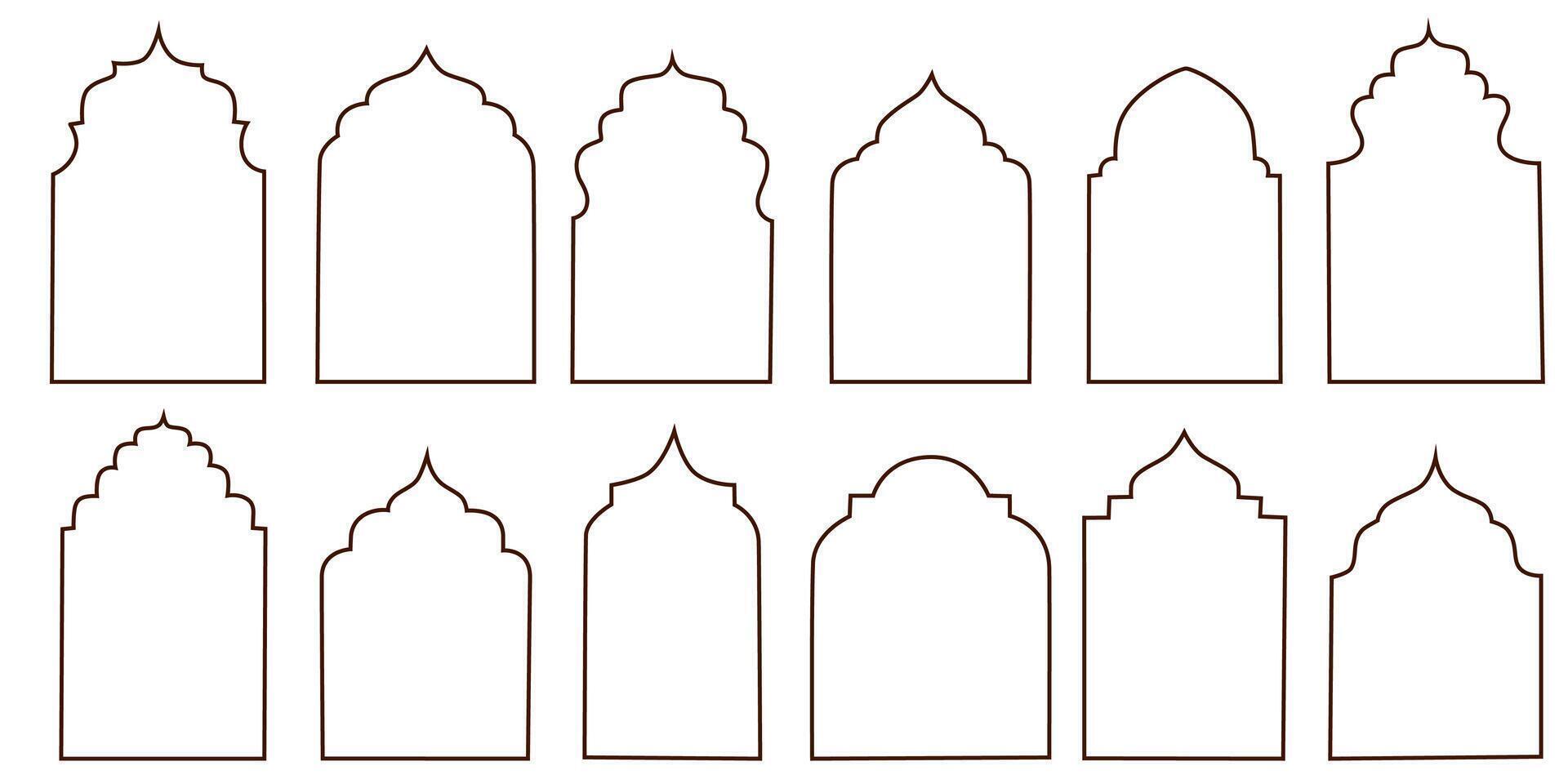 Shape Islamic door and window silhouette Arabic arch. Collection of patterns in oriental style. Frames in Arabic Muslim design for Ramadan Kareem. mosque gate shape isolated on white background vector