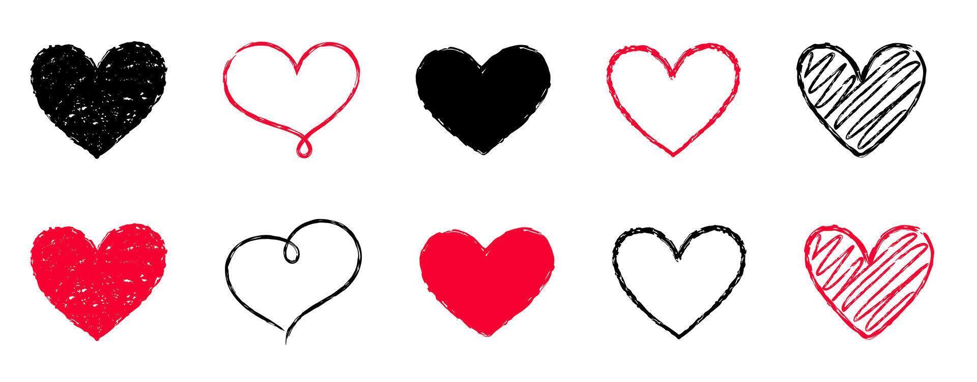 Sketch of different linear hearts. Heart shape drawn with pencil in doodle style vector