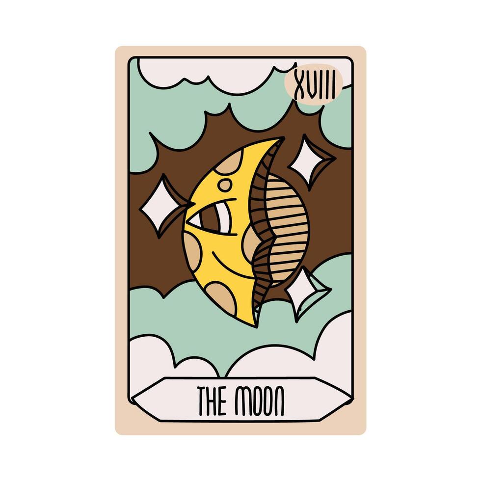 Tarot card is Senior Arcane the moon. hand-drawn deck. Vintage style with engraving. Occult and alchemical symbolism. isolated illustration of bright oracle. mysticism, magic, psychology vector
