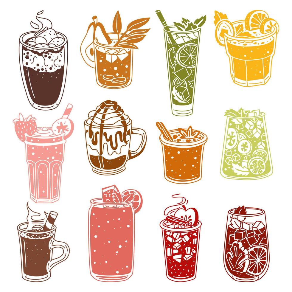 A set of glasses with bright drinks on white. The texture of juicy drinks. Silhouettes of glass glasses with cozy drinks. Soft drinks on a white background. Isolated collection for cafes, restaurants vector