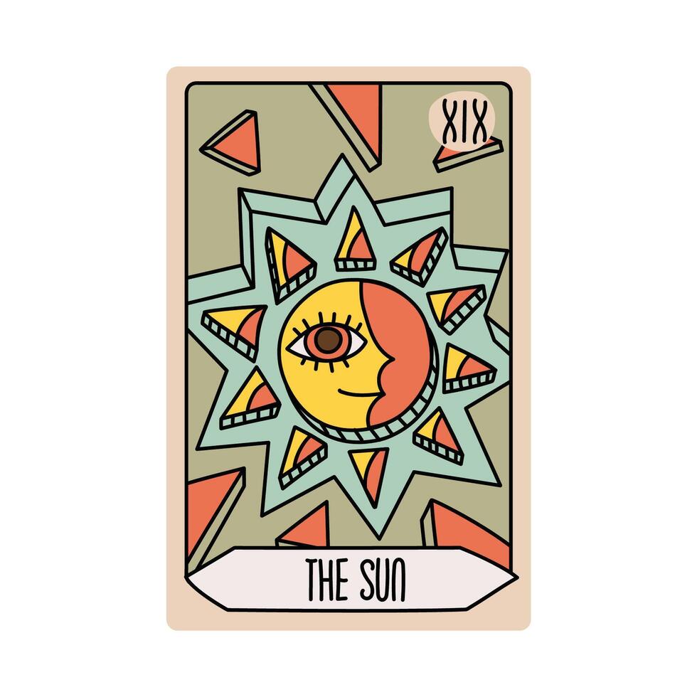 Tarot card is Senior Arcane the sun. hand-drawn deck. Vintage style with engraving. Occult and alchemical symbolism. isolated illustration of bright oracle. mysticism, magic, psychology vector