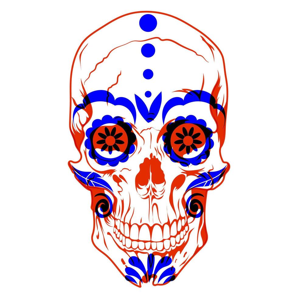 Skull with floral, traditional Mexican elements. Decor element. The effect of risographic printing vector