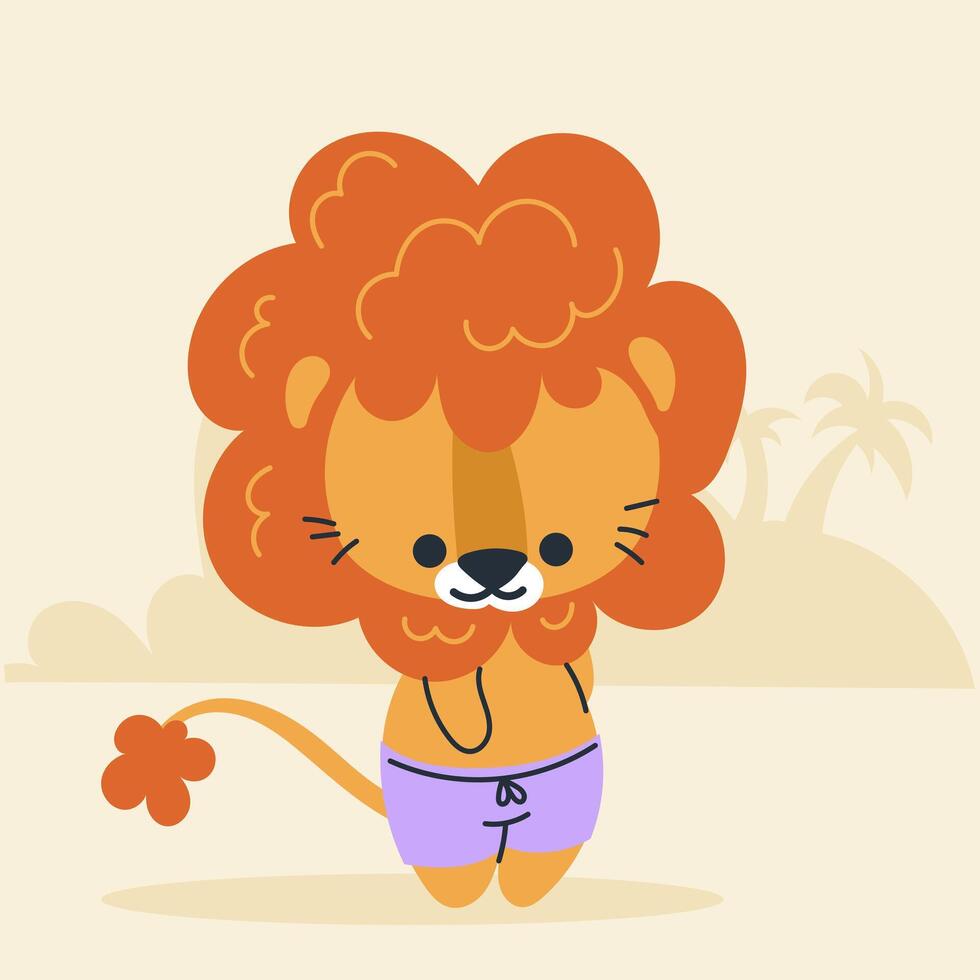 A lion cub in purple shorts stands on the beach, a sandy island with palm trees. cartoon, style. vector