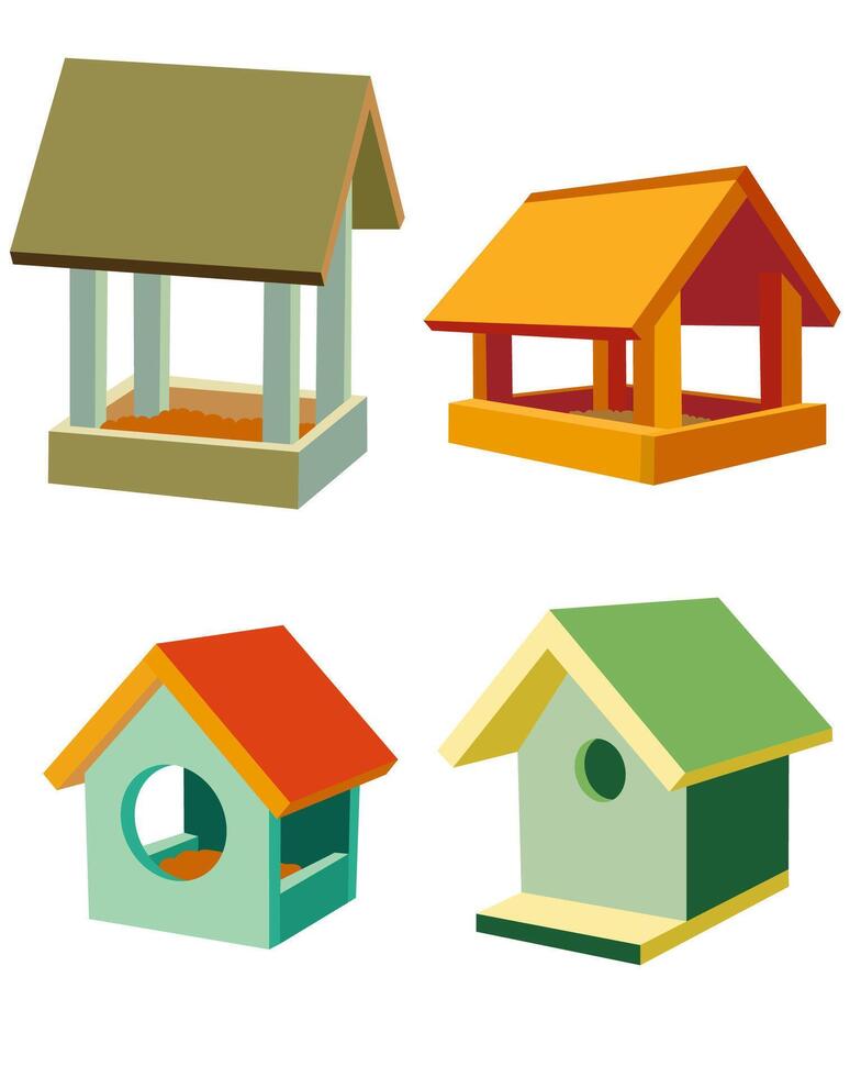 Set of images with bird feeders. Simple, cartoon style vector