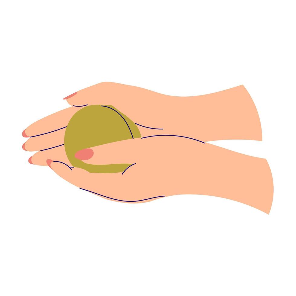 Organic, green soap in female hands. Cosmetic, antibacterial soap in hands. Illustration in flat style vector